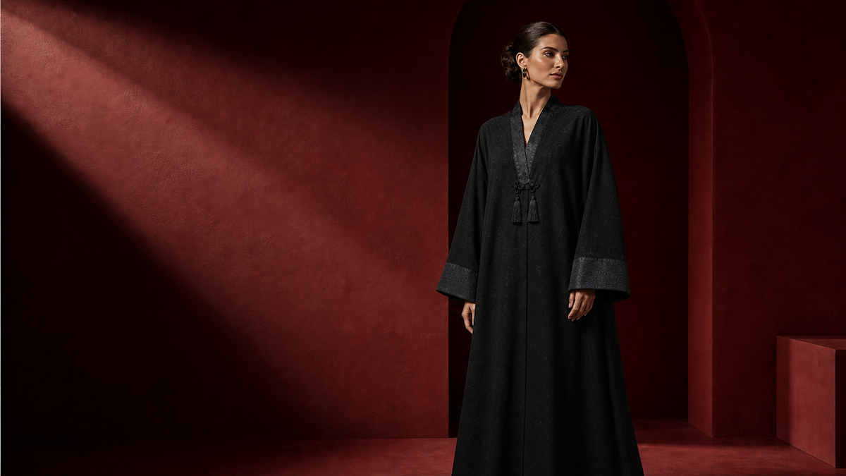 Model wearing a black full-length abaya coat in a deep red architectural setting