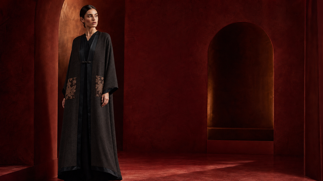 Model wearing a dark brown full-length abaya with floral brocade pockets in a deep red architectural setting