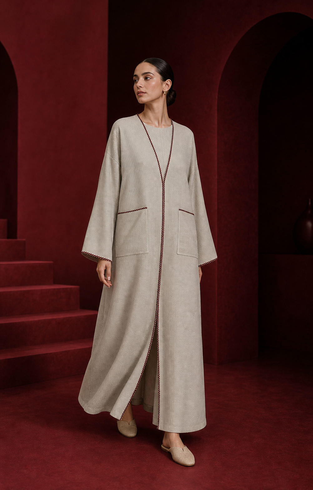 Model wearing a light neutral open abaya with dark red trim in a deep red architectural setting
