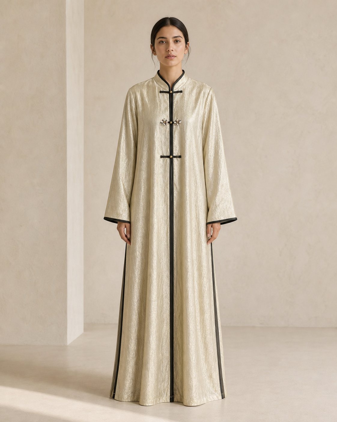 Model wearing a light gold full-length THENN abaya against a neutral studio background