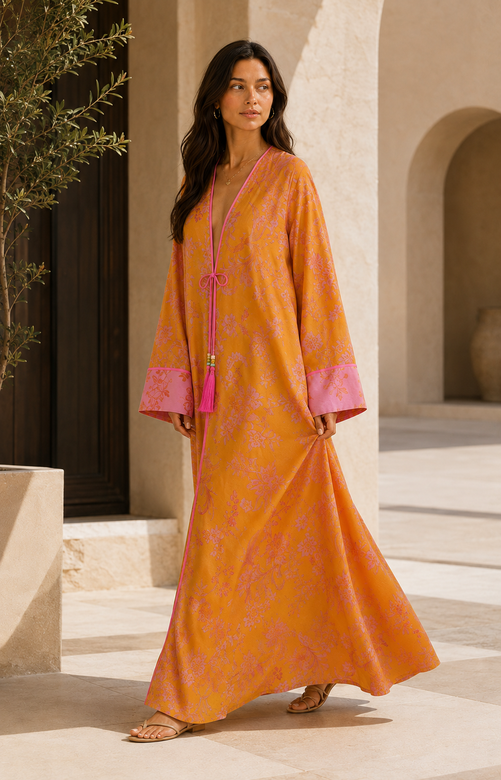 Model wearing an orange and pink open Phoenix Brocade Abaya in a sunlit courtyard