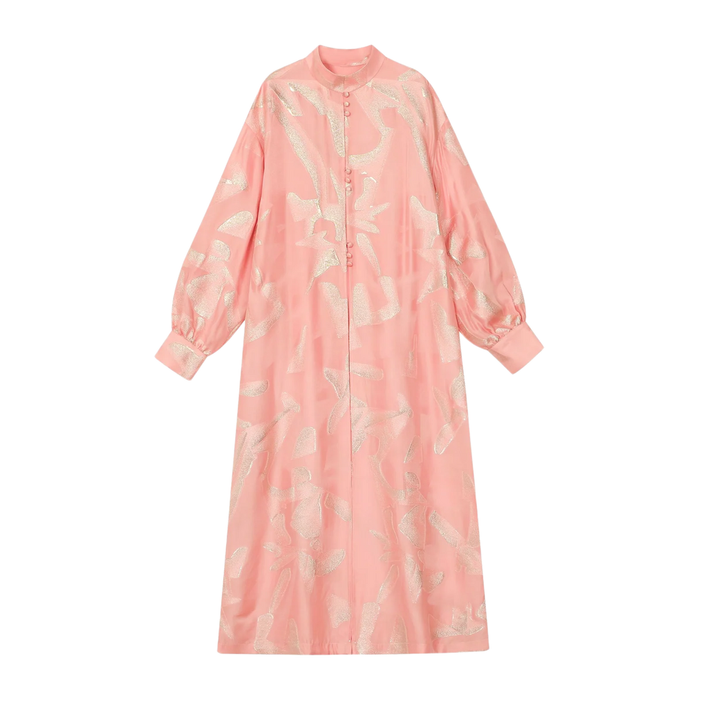 Gilded Pink Long Shirt — front view showing the long button-front silhouette
