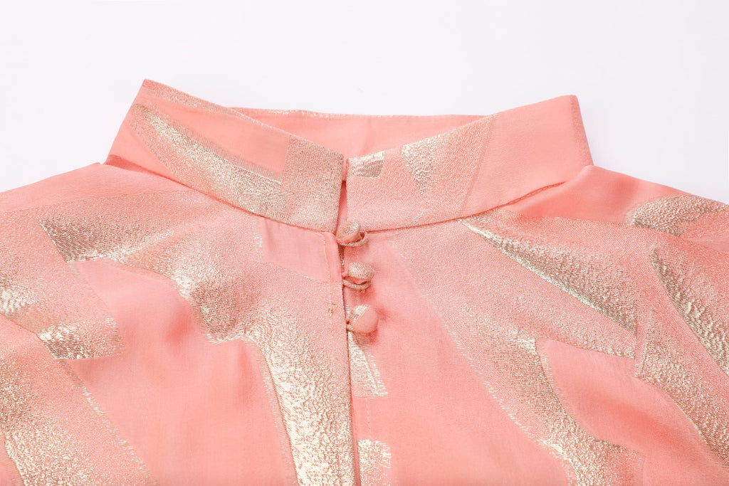 Gilded Pink Long Shirt — stand-collar detail with covered buttons
