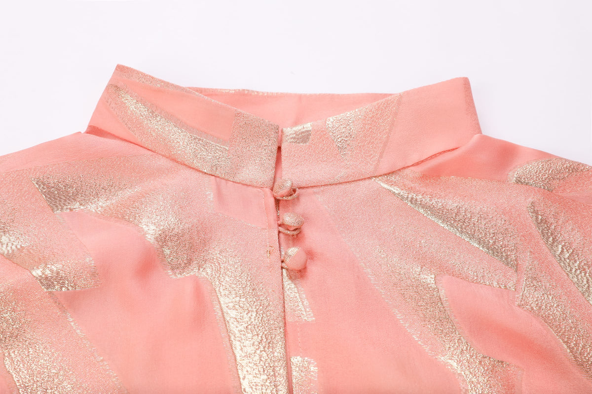 Gilded Pink Long Shirt — stand-collar detail with covered buttons