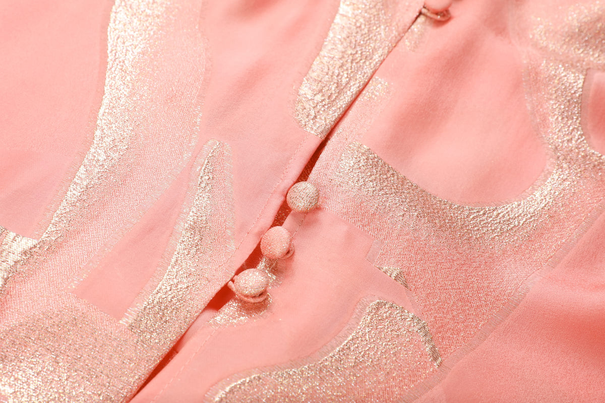 Gilded Pink Long Shirt — close-up of covered front buttons and gold-toned pattern