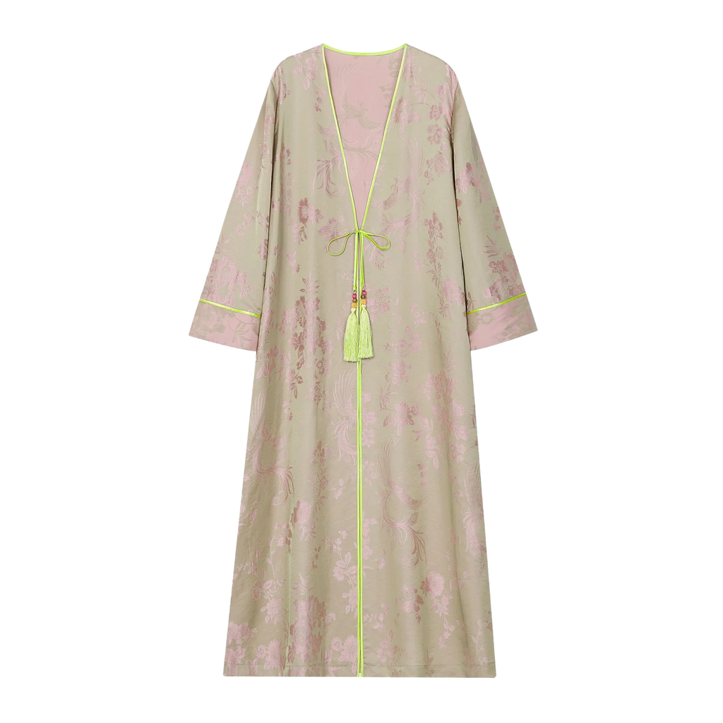 Chinese Silky Phoenix Brocade Abaya (Neon Green) — front view with pale brocade, pink motifs and neon-green tassel ties
