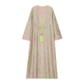 Chinese Silky Phoenix Brocade Abaya (Neon Green) — front view with pale brocade, pink motifs and neon-green tassel ties