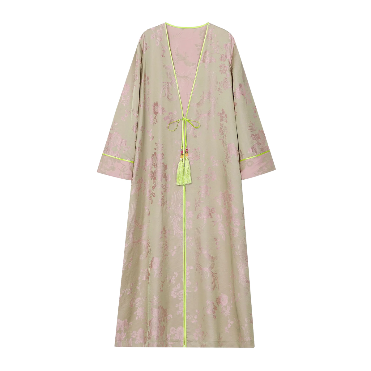 Chinese Silky Phoenix Brocade Abaya (Neon Green) — front view with pale brocade, pink motifs and neon-green tassel ties