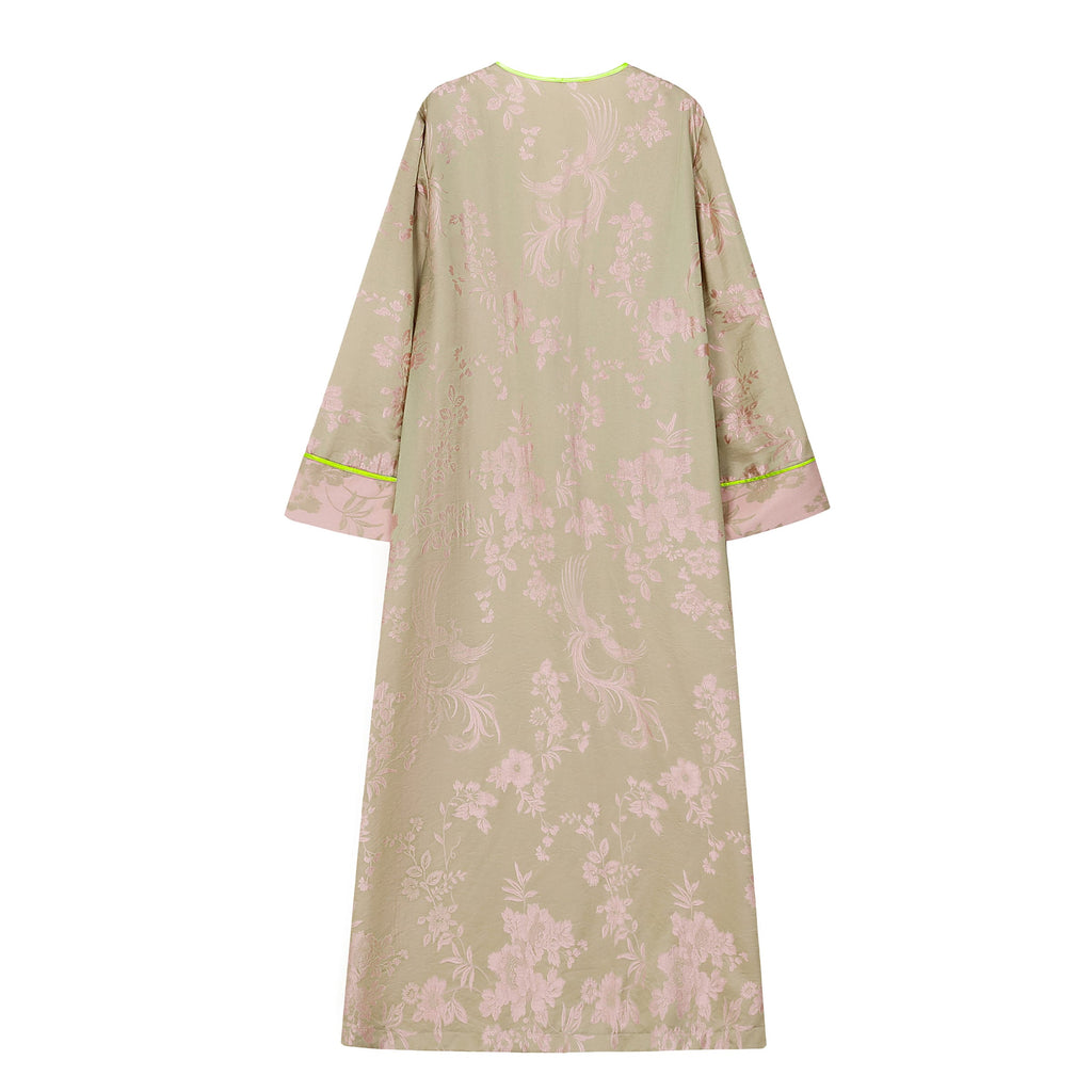 Chinese Silky Phoenix Brocade Abaya (Neon Green) — back view showing the long silhouette and pink woven motifs