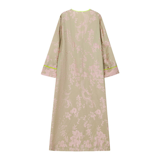 Chinese Silky Phoenix Brocade Abaya (Neon Green) — back view showing the long silhouette and pink woven motifs