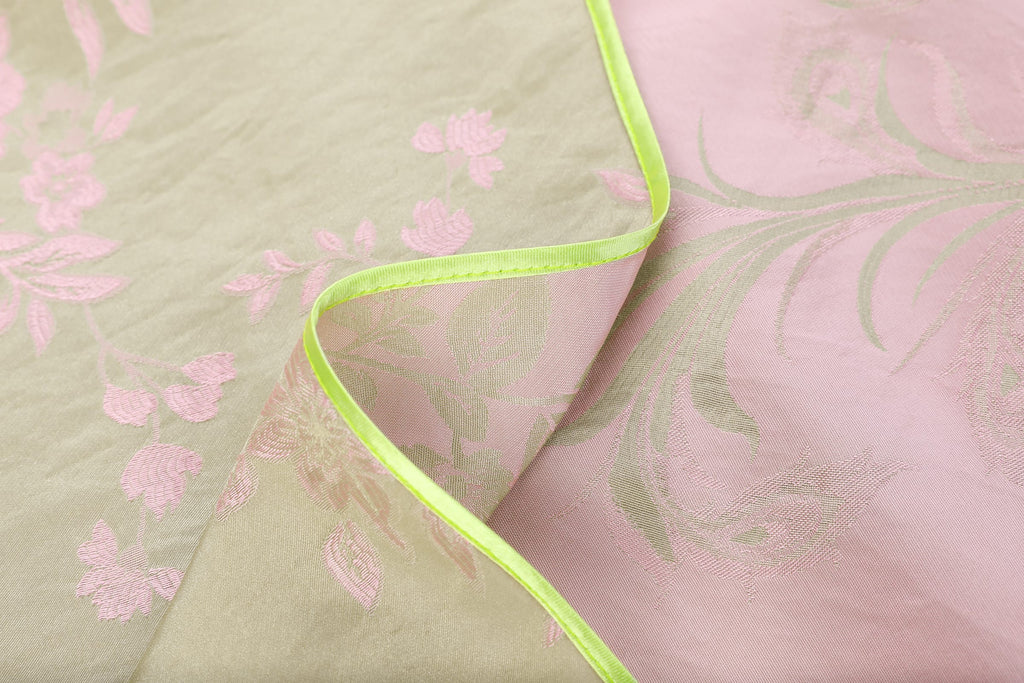Chinese Silky Phoenix Brocade Abaya (Neon Green) — open-front edge showing neon-green piping and the reverse of the brocade