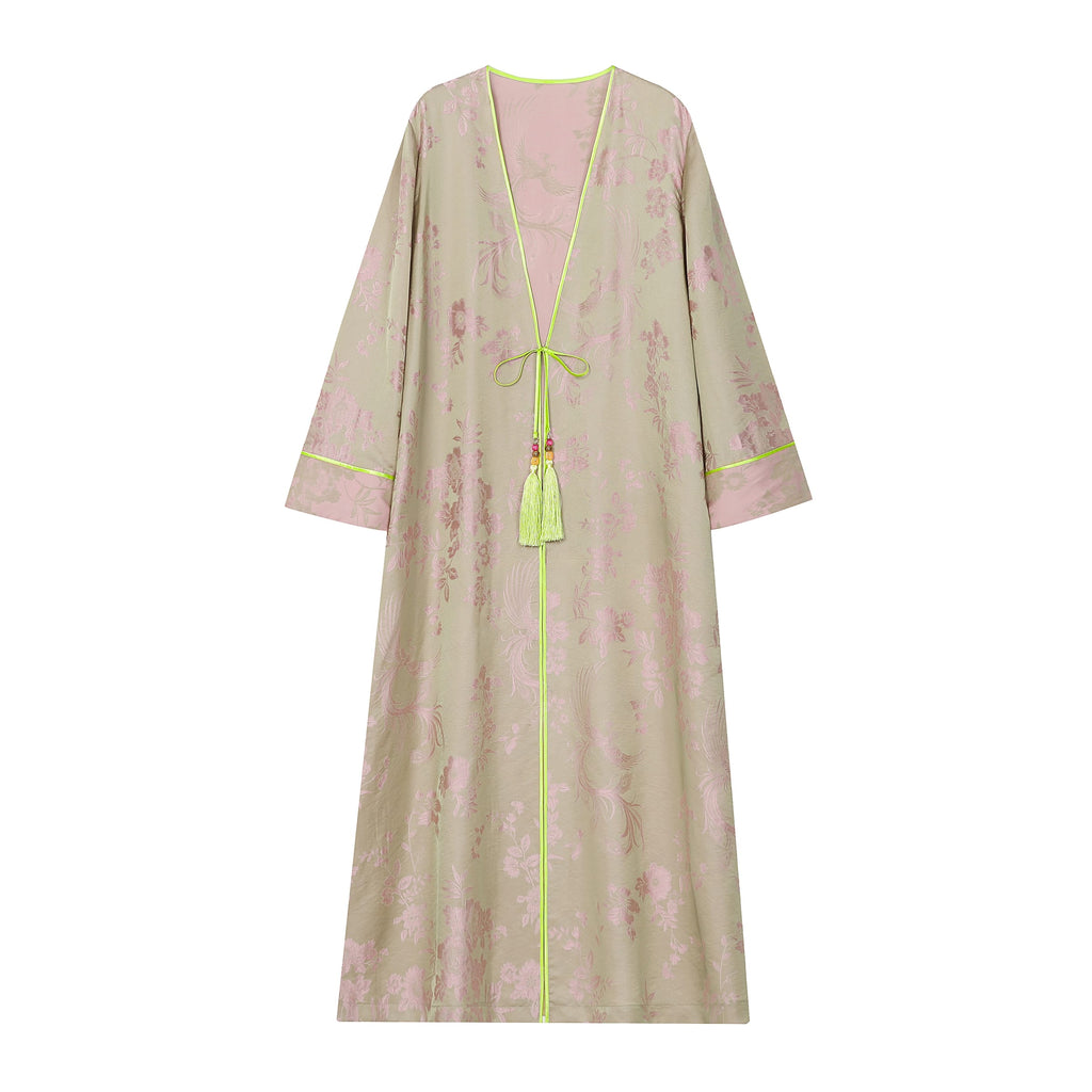 Chinese Silky Phoenix Brocade Abaya (Neon Green) — full front view showing wide sleeves and neon-green tassel ties