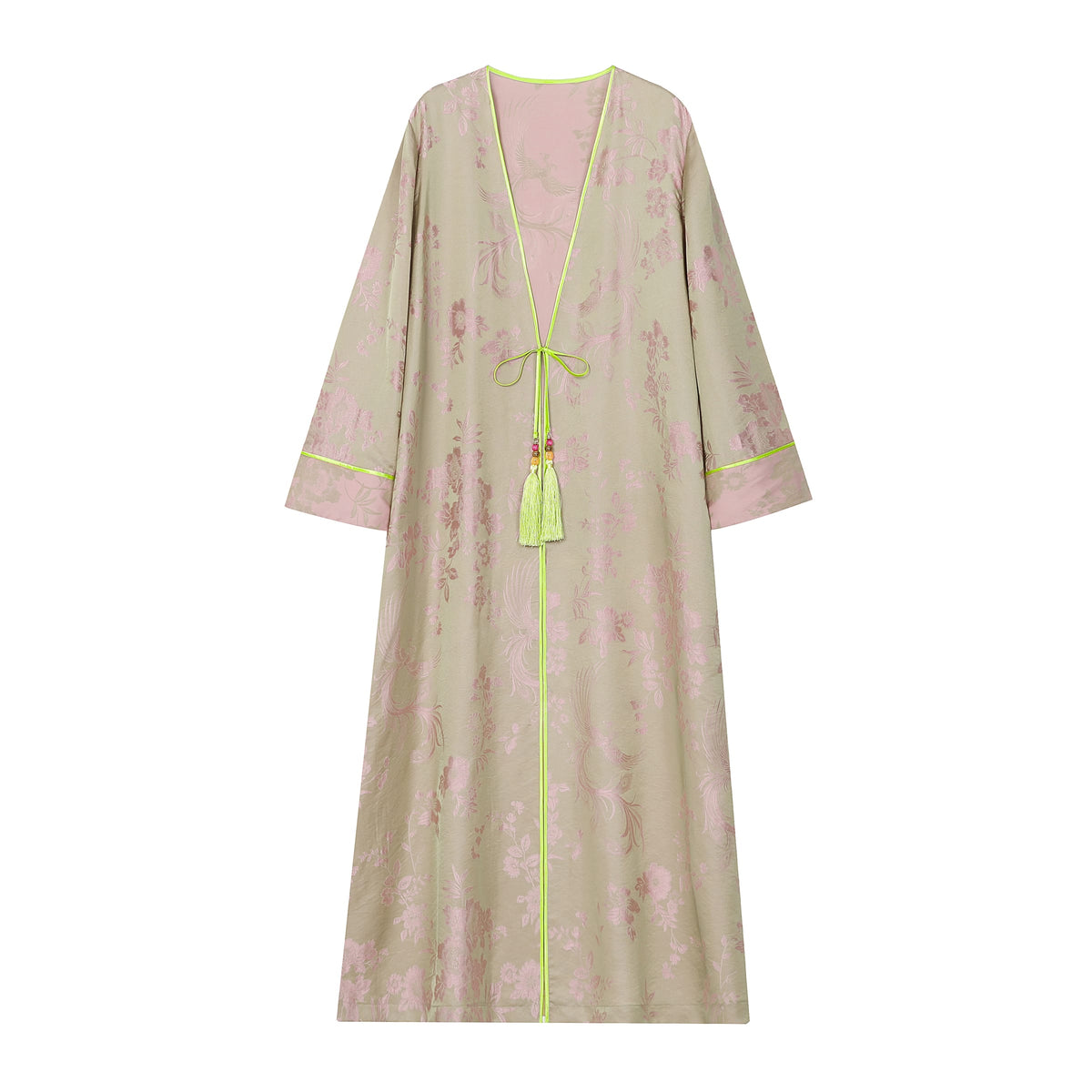 Chinese Silky Phoenix Brocade Abaya (Neon Green) — full front view showing wide sleeves and neon-green tassel ties