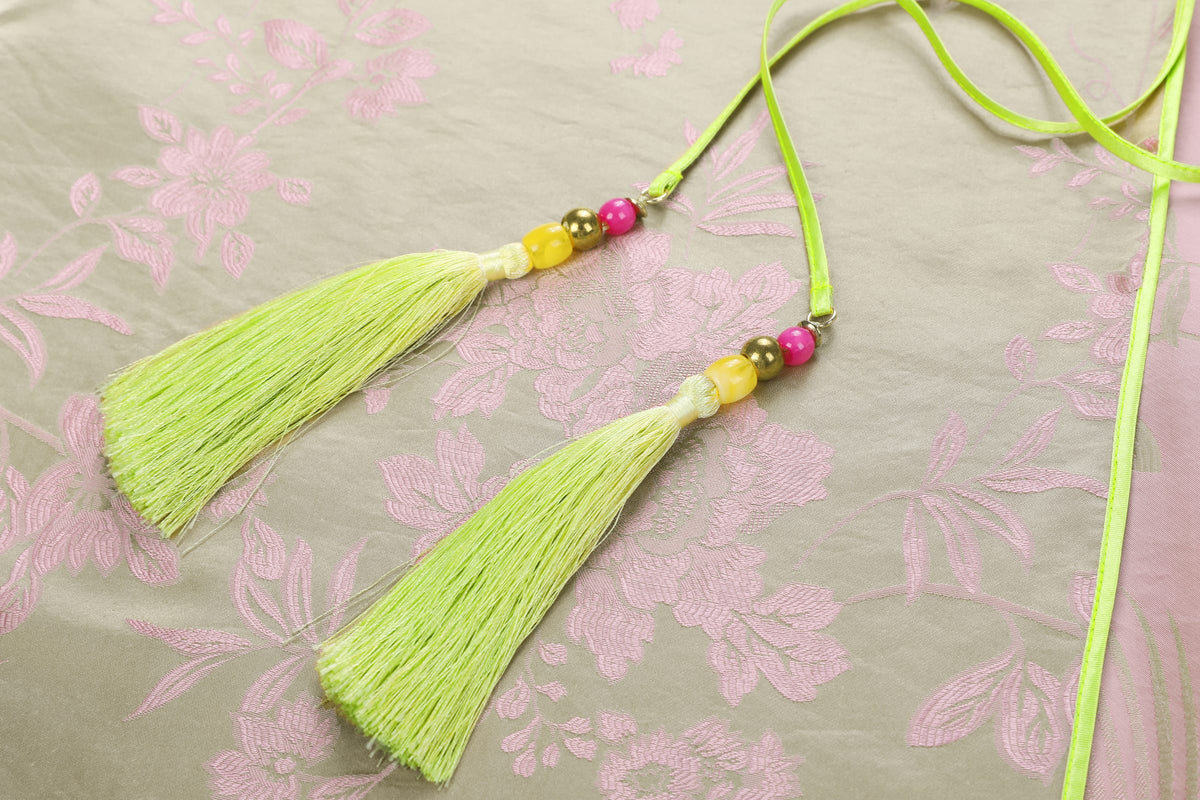 Chinese Silky Phoenix Brocade Abaya (Neon Green) — close-up of neon-green tassels with coloured beads