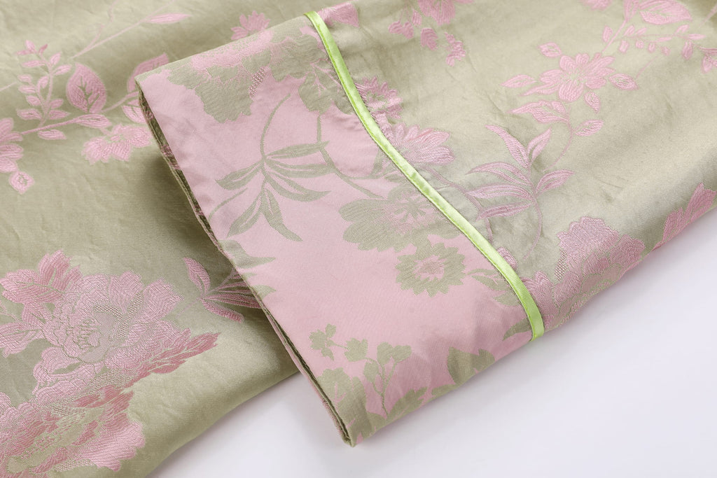Chinese Silky Phoenix Brocade Abaya (Neon Green) — cuff detail with neon-green piping and pink woven motifs