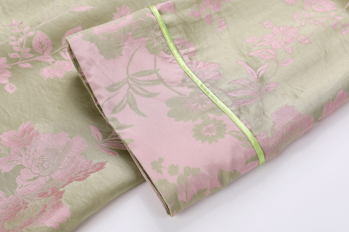 Chinese Silky Phoenix Brocade Abaya (Neon Green) — cuff detail with neon-green piping and pink woven motifs
