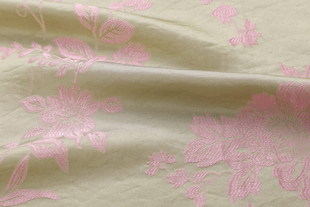 Chinese Silky Phoenix Brocade Abaya (Neon Green) — close-up of softly folded brocade with pink woven motifs