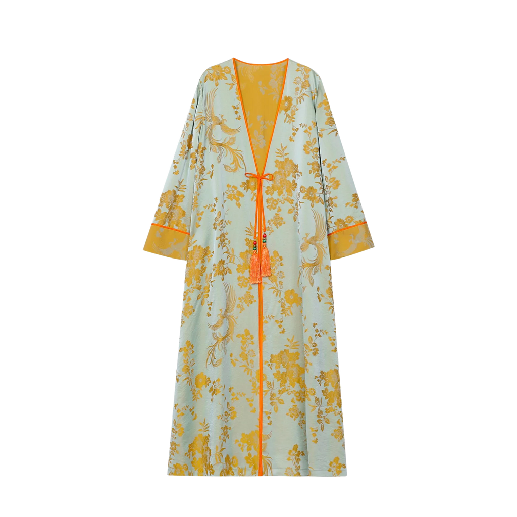 Chinese Silky Phoenix Brocade Abaya (Neon Orange) — front view with pale blue-green brocade, gold-toned motifs and orange trim