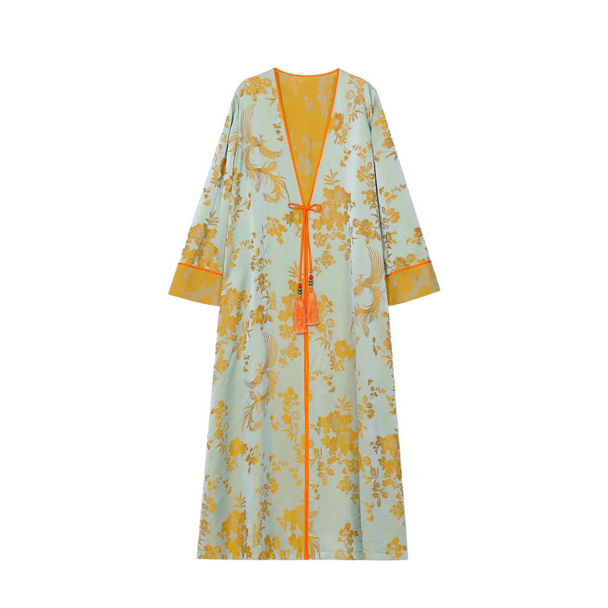 Chinese Silky Phoenix Brocade Abaya (Neon Orange) — front view with pale blue-green brocade, gold-toned motifs and orange trim
