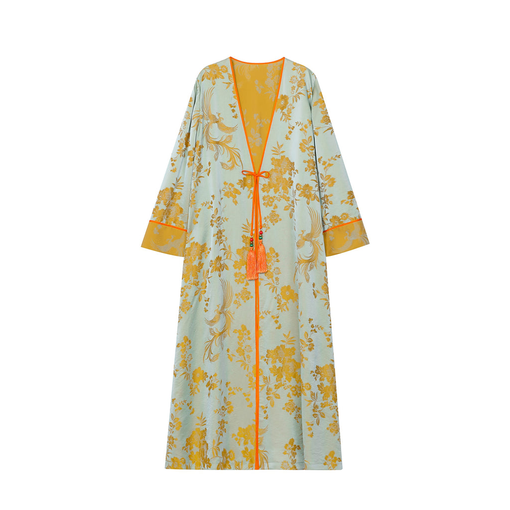 Chinese Silky Phoenix Brocade Abaya (Neon Orange) — full front view showing the open silhouette and orange trim