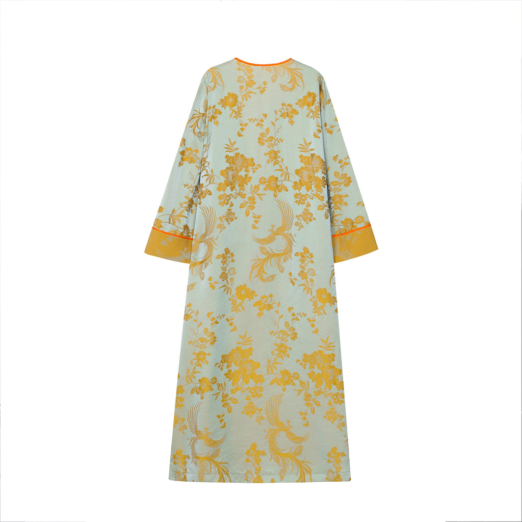 Chinese Silky Phoenix Brocade Abaya (Neon Orange) — back view showing gold-toned woven motifs