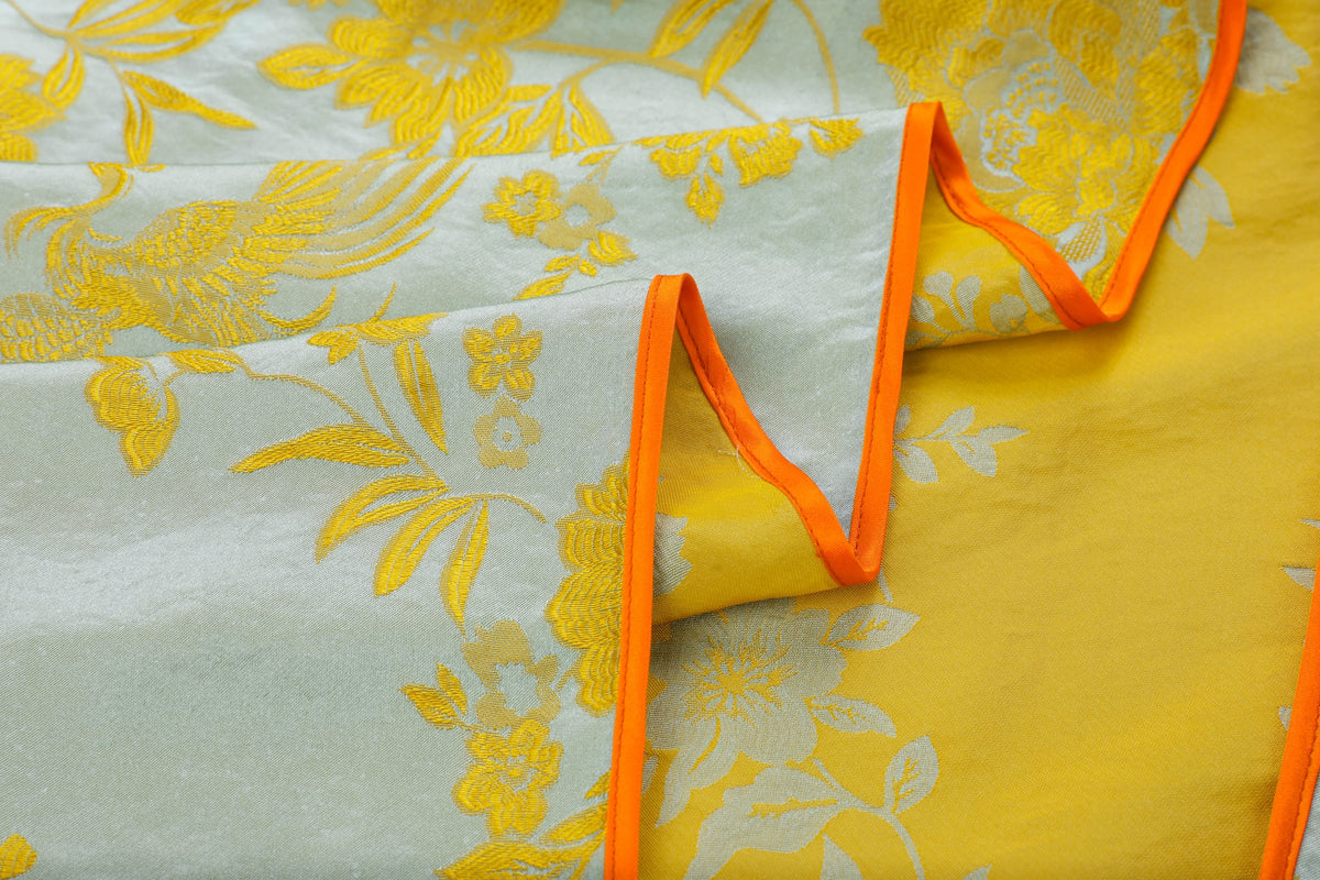Chinese Silky Phoenix Brocade Abaya (Neon Orange) — open-front edge showing orange piping and the gold-toned reverse