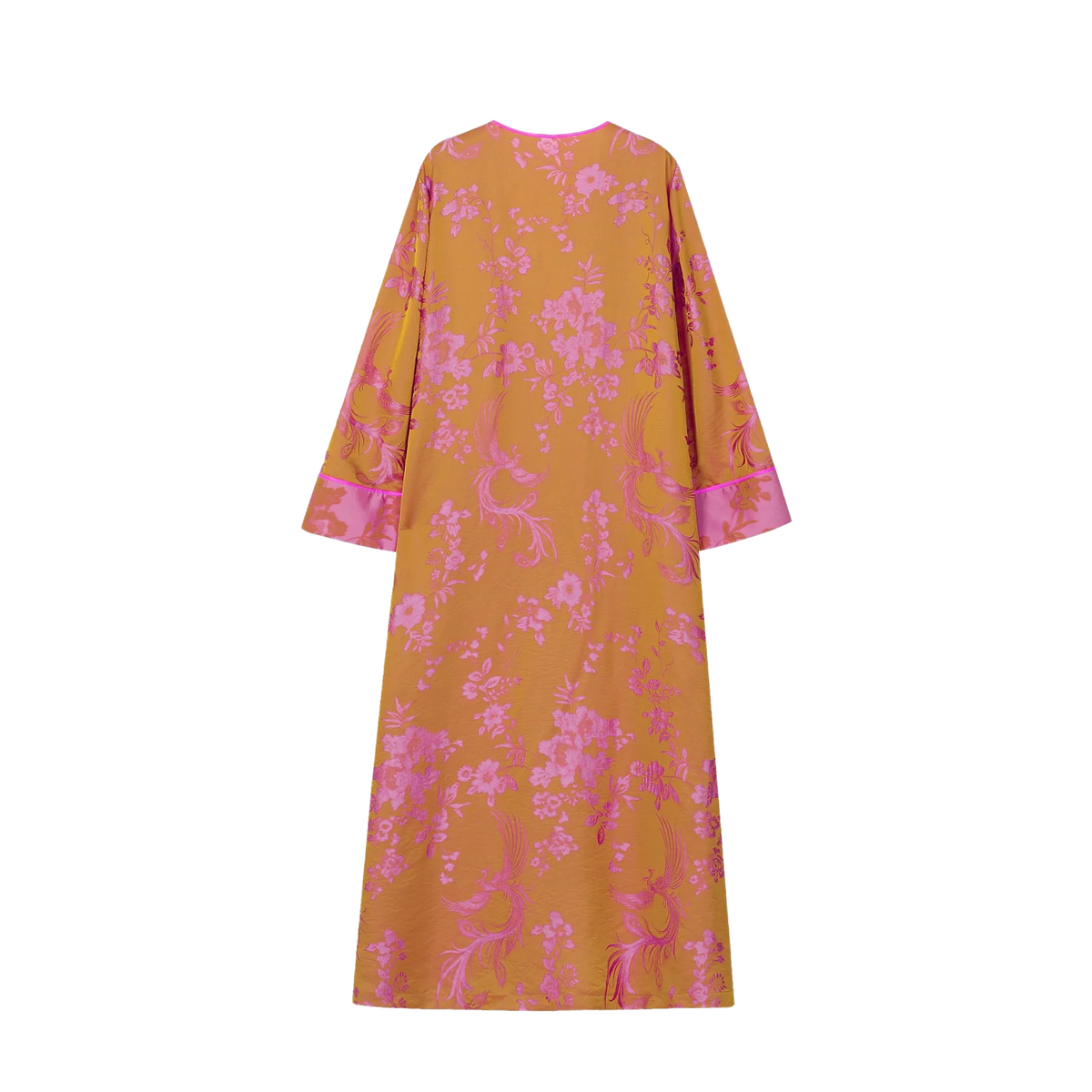 Chinese Silky Phoenix Brocade Abaya (Neon Pink) — back view with pink woven motifs on an orange-gold ground
