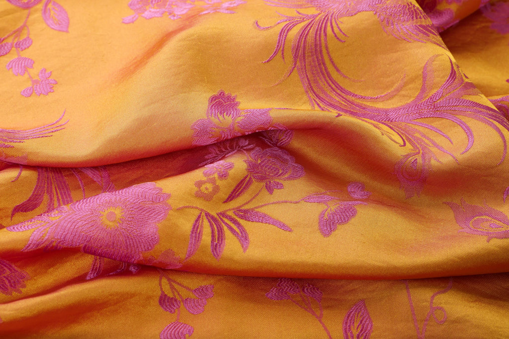 Chinese Silky Phoenix Brocade Abaya (Neon Pink) — close-up of woven phoenix and floral motifs