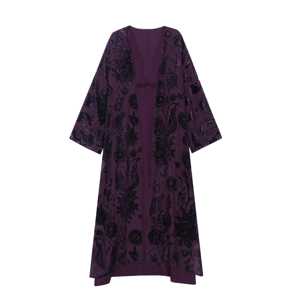 Plum Silk Velvet Layered Abaya — front view showing the long silhouette and dark floral pattern