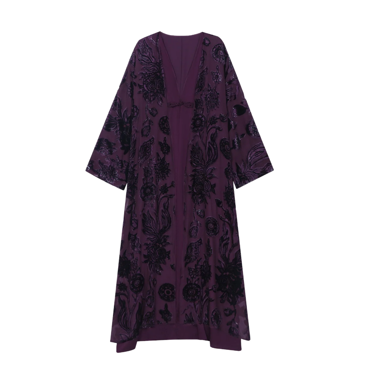 Plum Silk Velvet Layered Abaya — front view showing the long silhouette and dark floral pattern