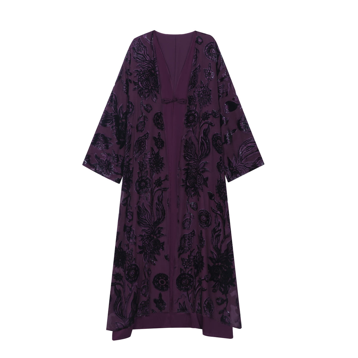 Plum Silk Velvet Layered Abaya — full front view with wide sleeves and a dark floral pattern