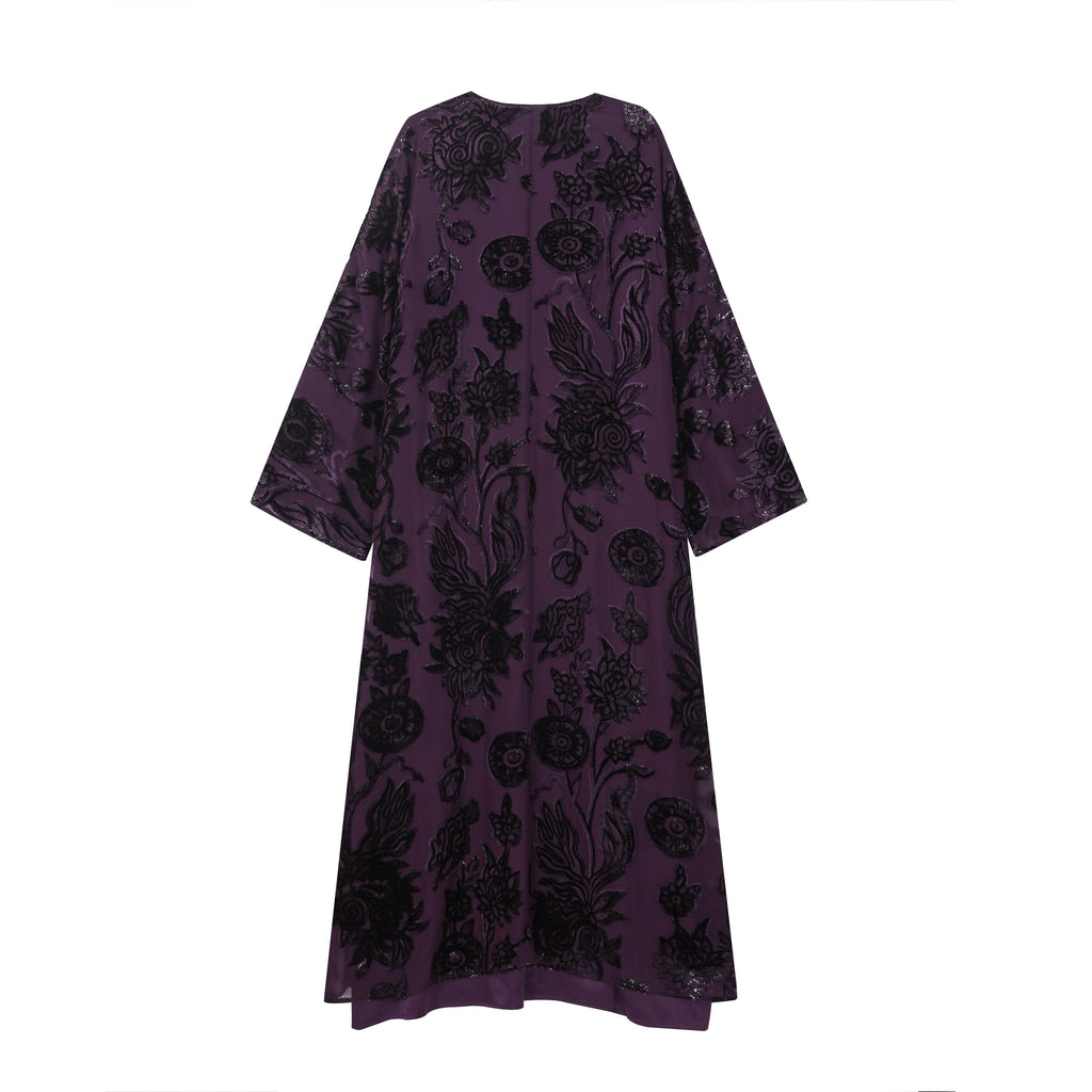 Plum Silk Velvet Layered Abaya — back view showing the all-over dark floral pattern