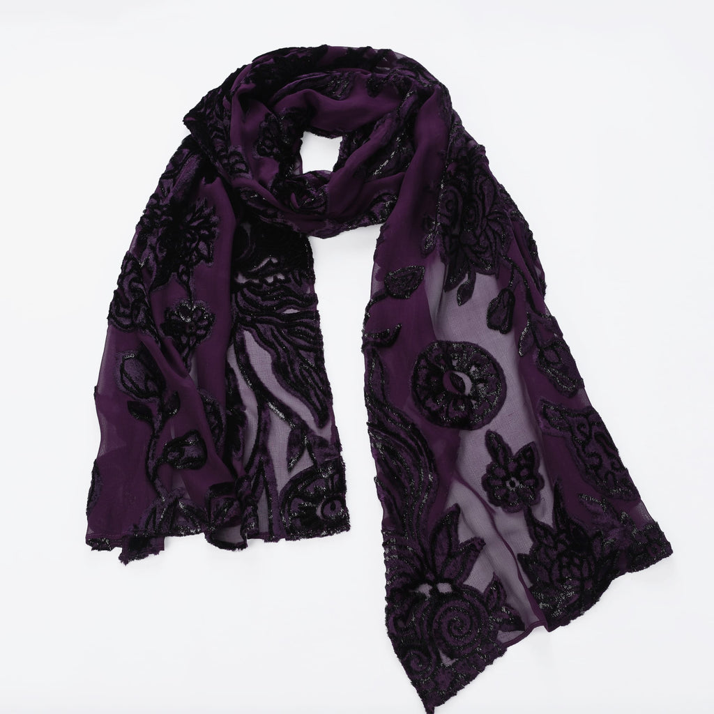 Plum Silk Velvet Layered Abaya — draped patterned fabric showing translucent sections