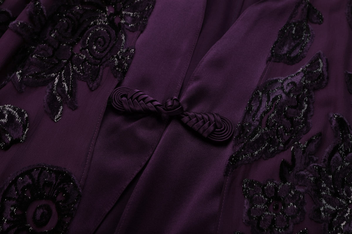 Plum Silk Velvet Layered Abaya — close-up of the decorative front fastening and layered fabrics