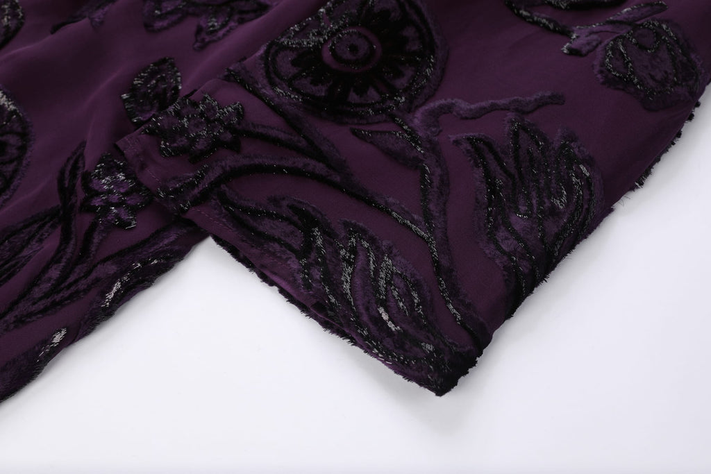 Plum Silk Velvet Layered Abaya — sleeve edge showing dark floral texture over plum fabric
