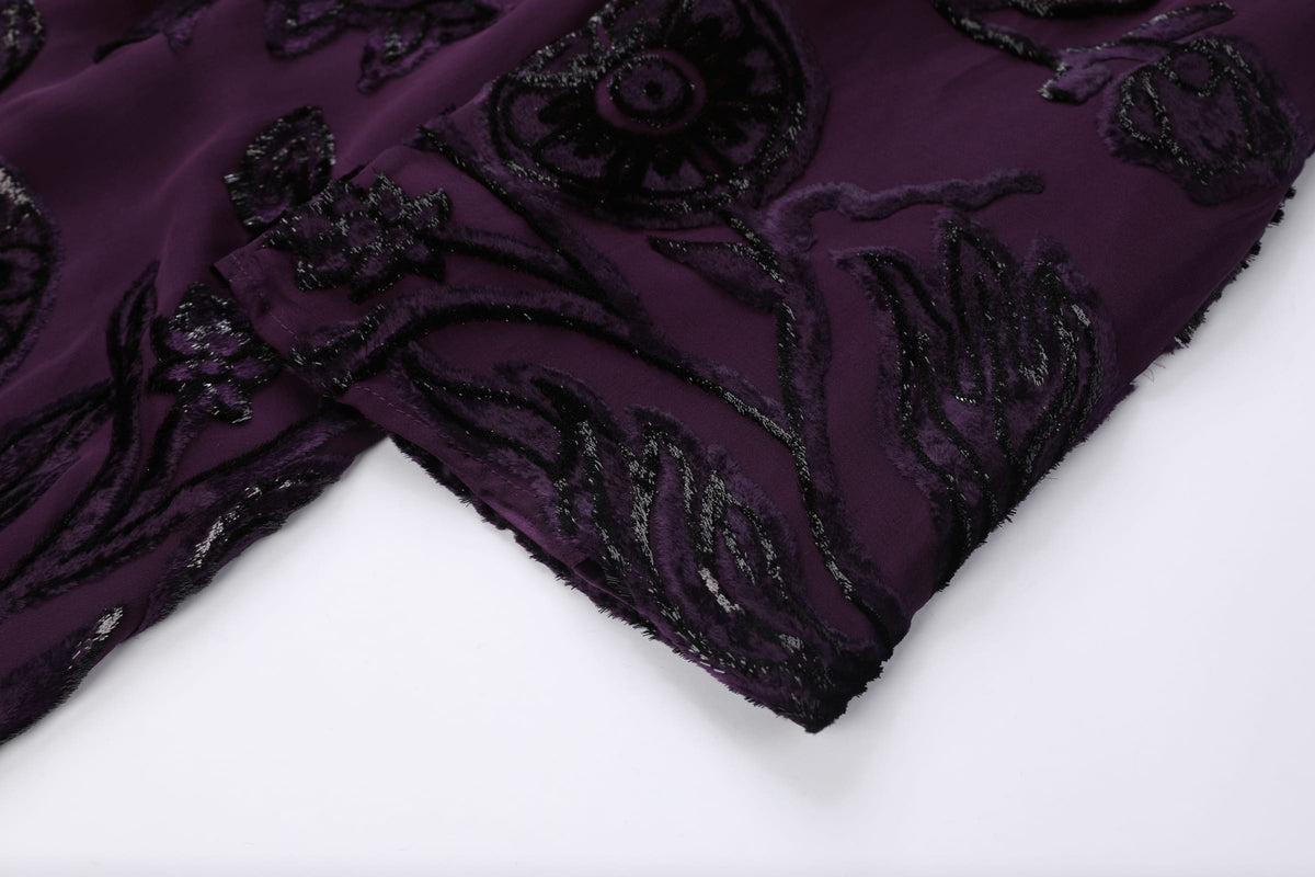Plum Silk Velvet Layered Abaya — sleeve edge showing dark floral texture over plum fabric