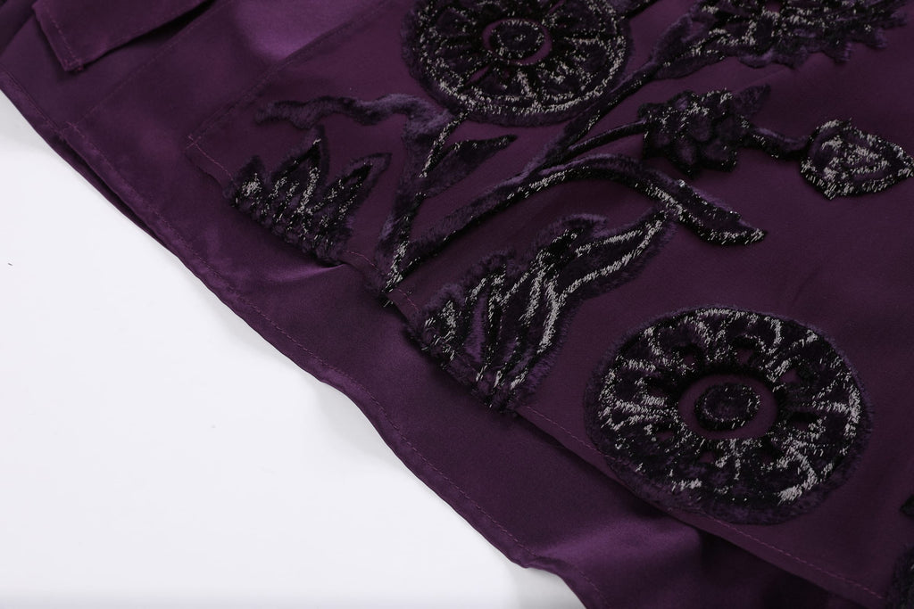 Plum Silk Velvet Layered Abaya — layered hem detail with plum fabric beneath the patterned outer layer