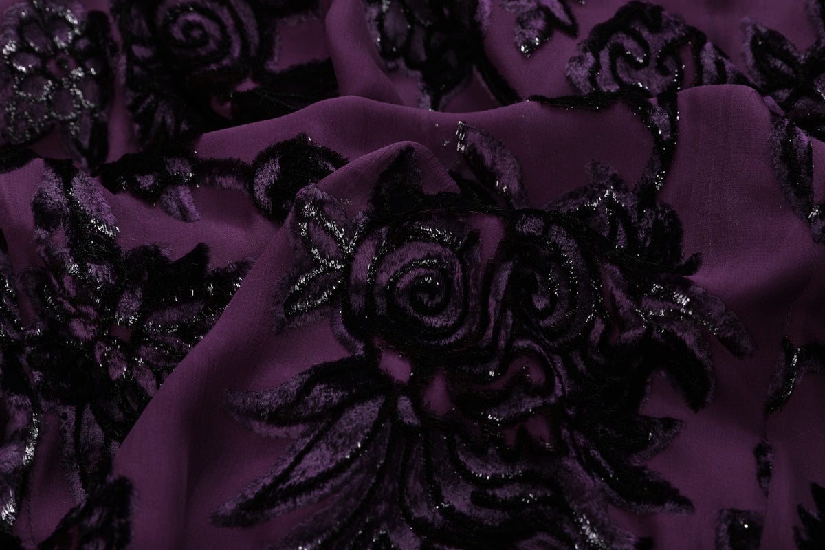Plum Silk Velvet Layered Abaya — close-up of raised floral texture on the outer fabric